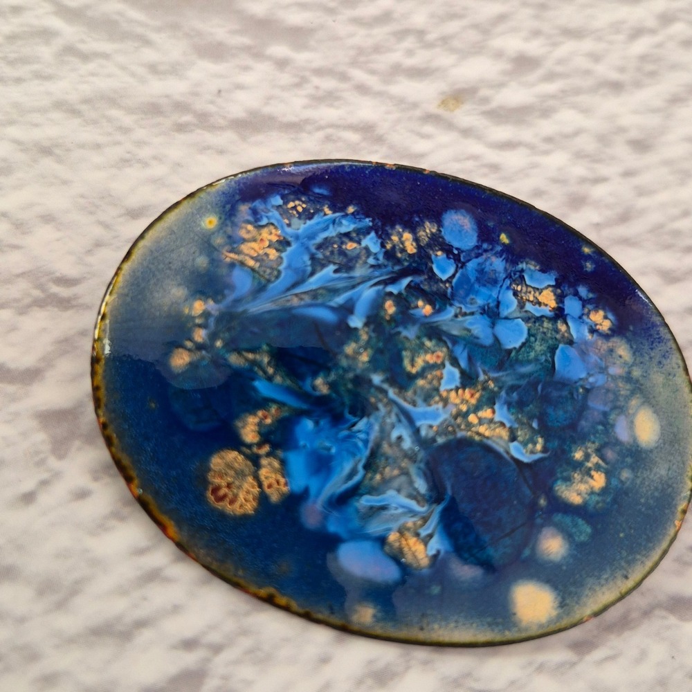 Artisan Blue Gold Enamel on Copper‎ Abstract Oval Brooch Pin Handcrafted Vintage